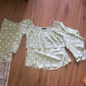 Off the shoulder sage green top with white dots